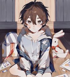 Rule 34 | 1boy, bandaid, bandaid on cheek, bandaid on face, blue jacket, blush, box, brown eyes, brown hair, child, closed mouth, collarbone, commentary, crayon, double-parted bangs, eiden (nu carnival), gift, gift box, hair between eyes, highres, hood, hoodie, jacket, looking at viewer, male focus, multicolored clothes, nu carnival, on floor, shadow, short hair, shorts, sitting, solo, stuffed animal, stuffed toy, symbol-only commentary, white hoodie, white jacket, yuumii 0120