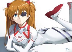 Rule 34 | 1girl, ass, blue eyes, bodysuit, breasts, brown hair, evangelion: 3.0+1.0 thrice upon a time, eyepatch, frown, hair ornament, hairclip, highres, leg up, long hair, looking at viewer, lying, medium breasts, neon genesis evangelion, plugsuit, rebuild of evangelion, solo, souryuu asuka langley, thighs, white bodysuit