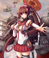 Rule 34 | 10s, 3girls, aircraft, airplane, akisame rizu, breasts, brown hair, detached sleeves, fairy (kancolle), hair ornament, kantai collection, long hair, looking at viewer, machinery, multiple girls, petals, pleated skirt, ponytail, red eyes, skirt, turret, type 0 observation seaplane, type 0 reconnaissance seaplane, very long hair, yamato (kancolle)
