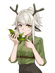 Rule 34 | 1girl, absurdres, alternate costume, animal ears, antlers, arknights, black skirt, closed mouth, collared shirt, deer antlers, deer ears, deer girl, eating, eyebrows hidden by hair, firewatch (arknights), food, food request, green eyes, green shirt, grey hair, highres, holding, holding food, horns, jianbingguozi, long hair, looking at viewer, pleated skirt, shirt, short ponytail, short sleeves, sidelocks, simple background, skirt, solo, upper body, white background, zongzi