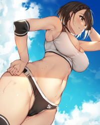 Rule 34 | 1girl, armpits, azur lane, baltimore (azur lane), baltimore (black ace) (azur lane), bare arms, bare shoulders, black neckwear, black shorts, black thighhighs, blue sky, blush, braid, breasts, brown hair, cameltoe, choker, cleft of venus, earrings, from below, hand on own hip, hand on own head, jewelry, large breasts, looking ahead, midriff, navel, official alternate costume, outdoors, parted lips, shirt, short hair, short shorts, shorts, sky, sleeveless, sleeveless shirt, smile, solo, sports bra, sweat, thighhighs, white shirt, xe (execut3r), yellow eyes