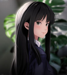 Rule 34 | 1girl, akiyama mio, black eyes, black hair, black jacket, blazer, blue ribbon, blurry, blurry background, closed mouth, collared shirt, commentary, english commentary, from side, highres, jacket, k-on!, long hair, looking at viewer, looking to the side, neck ribbon, ribbon, sakuragaoka high school uniform, school uniform, shirt, sidelocks, smile, solo, taqi99, white shirt, winter uniform