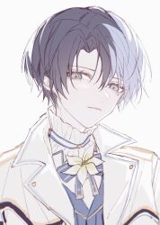 Rule 34 | 1boy, aoyagi touya, blue hair, blue jacket, blue ribbon, coat, commentary, curtained hair, dark blue hair, flower, formal, grey eyes, hair between eyes, hair over one eye, highres, jacket, lapels, light blue hair, long bangs, looking at viewer, makino chisato, male focus, mole, mole under eye, multicolored hair, neck ribbon, notched lapels, open clothes, open coat, pale skin, parted hair, parted lips, project sekai, ribbon, shirt, simple background, solo, split-color hair, suit, suit jacket, two-tone hair, two-tone ribbon, upper body, white background, white coat, white flower, white shirt, yellow ribbon