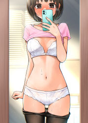 Rule 34 | 1girl, absurdres, arm at side, window blinds, blush, bra, breasts, brown eyes, brown hair, brown pantyhose, cellphone, cleavage, clothes lift, clothes pull, collarbone, covered mouth, cowboy shot, day, dojirou, embarrassed, fingernails, hands up, highres, holding, holding phone, indoors, looking at viewer, medium breasts, mirror, navel, nose blush, original, panties, pantyhose, pantyhose pull, phone, pink shirt, see-through, selfie, shirt, shirt lift, short hair, short sleeves, smartphone, solo, standing, stomach, sunlight, sweat, underwear, white bra, white panties