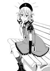 Rule 34 | 1girl, armband, bag, bags under eyes, bench, blood, blood bag, boots, closed mouth, dress, feet out of frame, frilled dress, frills, greyscale, hair between eyes, hair over shoulder, hat, long hair, looking at viewer, low twintails, mole, mole under eye, monochrome, okiru, on bench, original, park bench, puffy short sleeves, puffy sleeves, see-through, short sleeves, shoulder bag, simple background, sitting, smile, socks, solo, twintails, white background