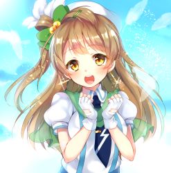 Rule 34 | 10s, 1girl, blue sky, brown hair, cloud, earrings, feathers, fingerless gloves, gloves, hair ornament, hat, jewelry, love live!, love live! school idol project, minami kotori, necktie, one side up, open mouth, paragasu (parags112), puffy short sleeves, puffy sleeves, shirt, short sleeves, sky, smile, solo, sparkle, suspenders, upper body, white gloves, wonderful rush, yellow eyes
