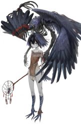 Rule 34 | 1girl, bare shoulders, bird legs, bird tail, black eyes, black hair, dream catcher, feathered wings, flat chest, hair between eyes, harpy, head wings, highres, holding, holding staff, jewelry, monster girl, necklace, original, short hair, simple background, skeleton, solo focus, staff, tail, talons, toriseka, white background, wings