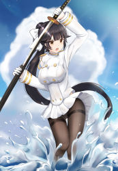 Rule 34 | 1girl, :o, arm up, azur lane, black hair, blue sky, blunt bangs, blush, bow, breasts, brown eyes, brown pantyhose, cloud, cloudy sky, commentary request, covered navel, day, gloves, hair bow, half gloves, highres, holding, holding sheath, holding sword, holding weapon, jacket, katana, large breasts, long hair, long sleeves, mctom, military jacket, open mouth, outdoors, panties, panties under pantyhose, pantyhose, pleated skirt, ponytail, sheath, sidelocks, skirt, sky, solo, splashing, sword, takao (azur lane), thighband pantyhose, underwear, unsheathing, v-shaped eyebrows, very long hair, water, weapon, white bow, white gloves, white jacket, white skirt