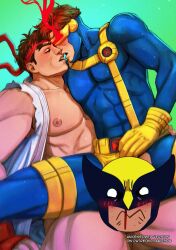 Rule 34 | 3boys, abs, bara, bare legs, bare pectorals, beard stubble, blood, blue bodysuit, blush, bodysuit, brown hair, censored, character censor, commentary, couple, covered abs, cyclops (x-men), dougi, english commentary, facial hair, feet out of frame, gloves, gradient background, green background, head-mounted display, headband, highres, kiss, light trail, male focus, marvel, marvel vs. capcom, multiple boys, muscular, muscular male, nipples, nosebleed, novelty censor, open clothes, paid reward available, pectorals, red headband, ryu (street fighter), short hair, sideburns, sitting, sitting on person, spread legs, street fighter, stubble, wavy mouth, wolverine (x-men), x-men, x-men vs. street fighter, yakichou, yaoi, yellow gloves