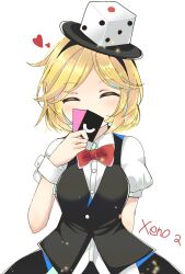 Rule 34 | 1girl, black skirt, black vest, blonde hair, bow, bowtie, breasts, card, character name, closed eyes, collared shirt, commentary request, covering own mouth, dice hair ornament, genderswap, genderswap (otf), hair ornament, heart, highres, holding, holding card, len&#039;en, medium breasts, ougi hina, puffy short sleeves, puffy sleeves, red bow, red bowtie, shirt, short hair, short sleeves, simple background, skirt, solo, vest, white background, white shirt, white wrist cuffs, wrist cuffs, xeno a