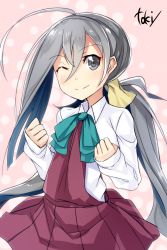 Rule 34 | 10s, 1girl, ahoge, artist name, asymmetrical bangs, blush, bow, bowtie, clenched hands, grey eyes, grey hair, highres, kantai collection, kiyoshimo (kancolle), long sleeves, looking at viewer, low twintails, multicolored hair, one eye closed, purple skirt, skirt, smile, solo, toki/, twintails, two-tone hair