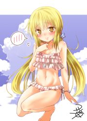Rule 34 | 10s, 1girl, alternate costume, arm at side, bare shoulders, barefoot, bikini, blonde hair, blush, bracelet, breasts, cloud, cloudy sky, collarbone, day, earrings, eyebrows, flying sweatdrops, frilled bikini, frills, full body, hair between eyes, hair ornament, hand on own chest, jewelry, kantai collection, kneeling, layered bikini, long hair, looking at viewer, low twintails, midriff, navel, satsuki (kancolle), side-tie bikini bottom, sketch, sky, small breasts, solo, speech bubble, spoken blush, squatting, star (symbol), star earrings, sweat, sweatdrop, swimsuit, twintails, yellow eyes, yua (checkmate)