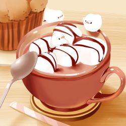 Rule 34 | animal focus, bird, chai (drawingchisanne), chocolate syrup, commentary, cup, food, food focus, hot chocolate, looking at another, marshmallow, muffin, mug, original, plate, signature, spoon, table
