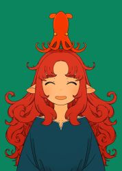 Rule 34 | 1girl, akai sashimi, animal, animal on head, blue shirt, closed eyes, curly hair, green background, long hair, long sleeves, octopus, on head, open mouth, original, parted bangs, red hair, shirt, simple background, smile, solo, upper body