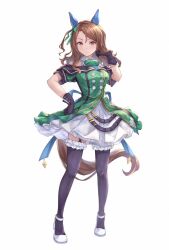 Rule 34 | 1girl, animal ears, black gloves, black thighhighs, breasts, brown eyes, brown hair, buttons, dress, ear covers, frilled dress, frilled thighhighs, frills, full body, garter straps, gloves, green dress, highres, horse ears, horse girl, horse tail, king halo (umamusume), layered dress, looking at viewer, medium breasts, medium hair, peperoncino-sama, puffy short sleeves, puffy sleeves, short sleeves, simple background, smile, solo, tail, thighhighs, umamusume, wavy hair, white background, white footwear