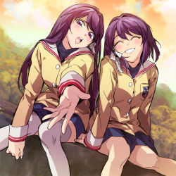 Rule 34 | 00s, 2girls, ^ ^, alternate hairstyle, bad id, bad pixiv id, clannad, closed eyes, dutch angle, foreshortening, fujibayashi kyou, fujibayashi ryou, grin, hair intakes, hair ribbon, head tilt, knees together feet apart, long hair, looking at viewer, multiple girls, open mouth, outdoors, outstretched arm, popqn, purple eyes, purple hair, ribbon, round teeth, school uniform, short hair, siblings, sisters, sitting, smile, teeth, thighhighs, twins