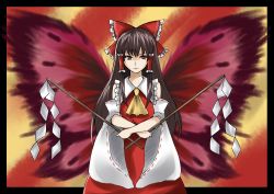 Rule 34 | 1girl, bad id, bad pixiv id, black hair, bow, brown eyes, brown hair, butterfly wings, detached sleeves, female focus, gohei, hair bow, hakurei reimu, insect wings, japanese clothes, long hair, miko, reon (pixiv), reon (saikyou), ribbon, solo, touhou, wings