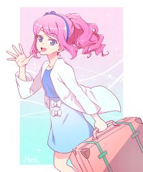 Rule 34 | 1girl, :d, aikatsu! (series), aikatsu stars!, blue eyes, blue shirt, blue skirt, bow, bow hairband, floating hair, from side, hairband, halftone, halftone background, hand up, highres, holding, holding suitcase, jacket, long sleeves, looking at viewer, open clothes, open jacket, open mouth, pink hair, ponytail, round teeth, sakuraba rola, shirt, signature, skirt, smile, solo, suitcase, teeth, upper teeth only, walking, white bow, white jacket, yoban
