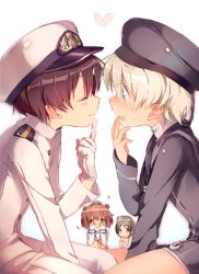 Rule 34 | 10s, 1boy, 3girls, admiral (kancolle), beret, black hair, blonde hair, blue eyes, blush, brown eyes, brown hair, closed eyes, covering face, diving mask, diving mask on head, dress, gloves, goggles, goggles on head, hair ornament, hat, hetero, imminent kiss, kantai collection, little boy admiral (kancolle), looking at another, maru-yu (kancolle), multiple girls, one-piece swimsuit, open mouth, sailor dress, sailor hat, school swimsuit, school uniform, serafuku, shigaraki (strobe blue), short hair, swimsuit, white one-piece swimsuit, white school swimsuit, yukikaze (kancolle), z1 leberecht maass (kancolle)