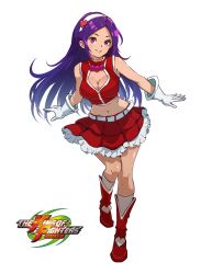 Rule 34 | 1girl, absurdres, asamiya athena, bad link, boots, clothing cutout, deyouron, hair ornament, hairband, heart, heart cutout, heart hair ornament, highres, jewelry, knee boots, light smile, navel, necklace, pearl necklace, psycho soldier, purple eyes, purple hair, red footwear, red skirt, skirt, snk, solo, the king of fighters, the king of fighters 2003, white background, white hairband