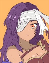 Rule 34 | 1girl, bandage over one eye, bare shoulders, breasts, cleavage, closed mouth, facing to the side, fire emblem, fire emblem: new mystery of the emblem, highres, large breasts, long hair, looking at viewer, malice (fire emblem), nintendo, orange background, purple hair, solo, tavi (hosheezus), upper body