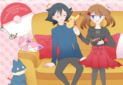 Rule 34 | 1boy, 1girl, alternate costume, ash ketchum, black hair, black pants, black pantyhose, blue eyes, blue shirt, brown hair, closed eyes, couch, creatures (company), feeding, game freak, gen 1 pokemon, gen 3 pokemon, gen 4 pokemon, hand up, indoors, long sleeves, looking at another, may (pokemon), munchlax, nintendo, no headwear, on couch, on shoulder, open mouth, pants, pantyhose, pikachu, pink background, pokemon, pokemon (anime), pokemon (creature), pokemon on shoulder, pokemon rse (anime), red skirt, shirt, short hair, sitting, skirt, skitty, sleeping, valentine