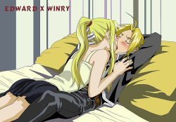 Rule 34 | 1boy, 1girl, arm behind head, artist request, bed, belt, blonde hair, blush, camisole, character name, couple, edward elric, closed eyes, french kiss, fullmetal alchemist, girl on top, gloves, hand on another&#039;s head, hetero, jacket, kiss, long hair, lowres, lying, lying on person, on back, open mouth, pants, pillow, ponytail, skirt, winry rockbell