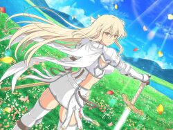 Rule 34 | 1girl, armor, ass, blonde hair, blue sky, blush, breastplate, breasts, brown eyes, cape, cloud, couter, day, falling petals, faulds, field, flower, flower field, from behind, garter straps, gauntlets, gorget, grass, greaves, hair between eyes, hand on hilt, holding, holding sword, holding weapon, lake, large breasts, lens flare, leo (senran kagura), light particles, long hair, looking at viewer, looking back, mountain, mountainous horizon, official art, orange flower, outdoors, pauldrons, petals, pink flower, plant, planted, planted sword, planted weapon, red flower, rerebrace, senran kagura, senran kagura new link, senran kagura new wave, shoulder armor, skirt, sky, smile, solo, sparkle, standing, sunlight, sword, water, weapon, white armor, white flower, white garter straps, white skirt, yaegashi nan