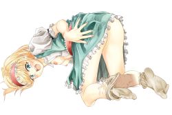 Rule 34 | 1girl, alice margatroid, all fours, arm support, ass, bad id, bad pixiv id, blonde hair, blue eyes, blush, cum, cum on clothes, dress, feet, footjob, hairband, looking back, no shoes, open mouth, panties, panty pull, penis, short hair, socks, soles, solo focus, spread toes, toes, touhou, tsushima (kaikyo), uncensored, underwear