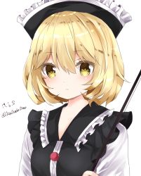 Rule 34 | 1girl, bad id, bad pixiv id, black dress, black hat, blonde hair, breasts, dated, dress, frilled dress, frilled hat, frills, hair between eyes, hand up, hat, holding, looking at viewer, lunasa prismriver, nanase nao, parted lips, shirt, short hair, simple background, sleeveless, sleeveless dress, small breasts, solo, touhou, twitter username, upper body, white background, white shirt, yellow eyes