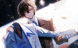 Rule 34 | 1boy, absurdres, bandaged arm, bandaged neck, bandages, baocaizi, black background, black shirt, blue necktie, brown eyes, brown hair, brown jacket, bungou stray dogs, coat, collared shirt, commentary, dazai osamu (bungou stray dogs), english commentary, formal, hangar, highres, holding, holding clothes, jacket, looking to the side, male focus, necktie, shirt, short hair, smile, solo, suit, two-tone background, upper body, vest, white background, white coat, white shirt, white suit, white vest