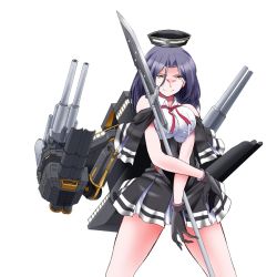 Rule 34 | 1girl, angeldust, black gloves, black skirt, breasts, crossed arms, gloves, hair intakes, halo, kantai collection, large breasts, long hair, looking at viewer, mechanical halo, polearm, purple hair, rigging, simple background, skirt, smile, solo, spread legs, tatsuta (kancolle), tatsuta kai ni (kancolle), torpedo launcher, turret, weapon, white background