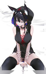 Rule 34 | 1girl, alternate costume, alternate hairstyle, animal ear fluff, animal ears, arknights, bandaid, bandaid on cheek, bandaid on face, barcode, barcode tattoo, bare shoulders, between legs, black hair, black nails, black thighhighs, bottomless, bracelet, braid, breasts, cleavage, cleft of venus, closed mouth, collar, cross-laced clothes, earrings, female pubic hair, hand between legs, highres, hood, hood up, hoodie, invisible chair, jewelry, large breasts, leg tattoo, mouth hold, nail polish, omone hokoma agm, one eye closed, pubic hair, pussy, red eyes, red ribbon, ribbon, rosary, signature, sitting, skindentation, sleeveless, sleeveless hoodie, solo, tattoo, texas (arknights), thighhighs, white background, wolf ears
