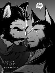 Rule 34 | 2boys, animal ears, bara, beard, couple, cowboy hat, eye contact, facial hair, fox ears, from side, graves (league of legends), greyscale, hair slicked back, hat, karipaku, kemonomimi mode, league of legends, long hair, looking at another, male focus, mature male, monochrome, multiple boys, mustache, short hair, spoken skull, sweatdrop, thick eyebrows, twisted fate, upper body, yaoi