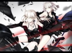 2girls, absurdres, artoria pendragon (all), bangs, belt, black dress, black footwear, black jacket, black ribbon, black shirt, black shorts, blue coat, boots, breasts, cleavage, closed mouth, coat, collarbone, dress, excalibur morgan (fate), eyebrows visible through hair, fate/grand order, fate (series), floating hair, foo (pixiv54892036), grin, hair between eyes, hair ribbon, hand on another&#039;s shoulder, highres, holding, holding sword, holding weapon, jacket, jeanne d&#039;arc (alter) (fate), jeanne d&#039;arc (fate) (all), jewelry, long hair, long sleeves, low ponytail, medium breasts, medium hair, motion blur, multiple girls, open clothes, open coat, open jacket, pendant, ponytail, ribbon, riding, saber alter, shirt, short dress, short shorts, shorts, silver hair, sleeveless, sleeveless dress, sleeveless shirt, smile, spaghetti strap, sword, thigh boots, thighhighs, v-shaped eyebrows, weapon, white belt, yellow eyes