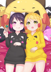 Rule 34 | 2girls, animal ears, atg (wttoo0202), bed sheet, black shirt, blonde hair, blush, candy, cat ears, child, closed mouth, collarbone, food, green eyes, highres, holding, holding candy, holding food, holding lollipop, licking, lollipop, looking at viewer, lying, multiple girls, on back, open mouth, original, petals, pocket, purple eyes, purple hair, shirt, short hair, smile, sweater, teeth, upper teeth only, yellow shirt