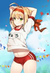 Rule 34 | &gt;:), 1girl, ahoge, arched back, arms behind head, arms up, ayami (annahibi), blonde hair, blue sky, braid, buruma, closed mouth, cloud, confetti, contrapposto, cowboy shot, day, fate/grand order, fate (series), green eyes, gym shirt, gym uniform, hair intakes, headband, highres, lips, looking at viewer, name tag, navel, nero claudius (fate), nero claudius (fate) (all), nero claudius (fate/extra), nero claudius (olympian bloomers) (fate), official alternate costume, outdoors, pennant, red ribbon, ribbon, shirt, short hair, short sleeves, sidelocks, sky, smile, smug, solo, standing, stomach, stretching, v-shaped eyebrows, white shirt