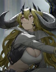 Rule 34 | 1girl, arknights, black jacket, blonde hair, breasts, cleavage, crop top, cropped jacket, curled horns, estelle (arknights), famepeera, highres, horns, jacket, large breasts, long hair, long sleeves, looking up, midriff, navel, open clothes, open jacket, red eyes, scales, shirt, smile, solo, stomach, upper body, white shirt