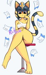 Rule 34 | absurdres, animal crossing, animal ears, ankha (animal crossing), bandages, barefoot, black hair, blonde hair, cat ears, cat tail, furry, hair ornament, highres, crossed legs, looking at viewer, nintendo, pussy, pussy peek, short hair, simple background, sitting, snake hair ornament, solo, stool, tail, thighhighs