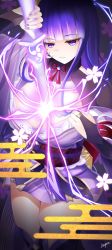 Rule 34 | 1girl, breasts, bridal gauntlets, cherry blossoms, cleavage, commentary request, cowboy shot, egasumi, electricity, energy sword, floral background, flower, genshin impact, hair ornament, highres, holding, holding sword, holding weapon, human scabbard, japanese clothes, kimono, large breasts, long hair, megumi kei, mole, mole under eye, obi, obiage, obijime, open mouth, purple eyes, purple hair, raiden shogun, ribbon, sash, simple background, solo, sword, thighs, weapon, wide sleeves