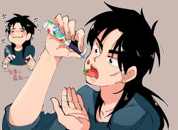 Rule 34 | 1boy, black eyes, black hair, brown background, candy, commentary request, eating, facial scar, food, grey shirt, inudori, itou kaiji, kaiji, long hair, male focus, medium bangs, open mouth, outline, parted bangs, scar, scar on cheek, scar on ear, scar on face, shirt, simple background, teeth, tongue, tongue out, upper body, wavy mouth, white outline