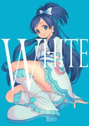 Rule 34 | 1girl, blue background, blue eyes, blue hair, boots, bow, character name, cure white, dress, earrings, foreground text, frilled sleeves, frills, futari wa precure, hair bow, heart, heart earrings, jewelry, jj (ssspulse), lace, lace-trimmed dress, lace trim, leg warmers, long hair, looking at viewer, magical girl, one side up, pouch, precure, short dress, short sleeves, simple background, solo, squatting, swept bangs, white bow, white dress, white footwear