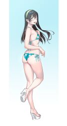 Rule 34 | 1girl, alternate costume, aqua bikini, ass, back, bare arms, bare legs, bare shoulders, bikini, black hair, blue bikini, blush, breasts, floral print, from behind, full body, glasses, green eyes, green hairband, hair between eyes, hairband, high heels, highres, kantai collection, long hair, looking at viewer, ooyodo (kancolle), open mouth, sandals, semi-rimless eyewear, shoes, simple background, small breasts, smile, solo, standing, string bikini, swimsuit, white footwear, yuuji (and)