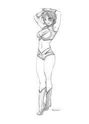 Rule 34 | 1girl, arms up, boots, breasts, character request, cleavage, cleavage cutout, clothing cutout, darren geers, dirty pair, facial mark, full body, gloves, highres, knee boots, large breasts, md5 mismatch, midriff, monochrome, navel, short hair, short shorts, shorts, solo