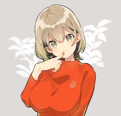 Rule 34 | 1girl, :s, blush, breasts, brown hair, closed mouth, commentary request, finger to mouth, floral background, green eyes, head tilt, large breasts, long sleeves, looking at viewer, okanoyuno, original, red sweater, short hair, solo, sweater, upper body