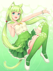 Rule 34 | 1girl, animal ear fluff, animal ears, aqua eyes, blouse, blunt bangs, bow, bowtie, bracelet, cat ears, cat girl, cat tail, commentary, food-themed hair ornament, full body, gradient background, green background, green hair, green theme, green thighhighs, hair ornament, hand on own chest, highres, jewelry, long hair, open mouth, original, outstretched arm, over-kneehighs, pleated skirt, sasaame, shirt, shirt tucked in, skirt, sleeveless, sleeveless shirt, solo, tail, thighhighs, twintails, yellow bow, yellow bowtie