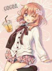 Rule 34 | 1girl, ;d, alternate costume, bag, banana, black socks, blazer, blush, brown footwear, buttons, carrying, carrying bag, carrying over shoulder, character name, collared shirt, commentary request, cowboy shot, cup, disposable cup, drink, drinking straw, flat chest, flower, food, fruit, gochuumon wa usagi desu ka?, hair between eyes, hair flower, hair ornament, hibiscus, hoto cocoa, jacket, kneehighs, long hair, long sleeves, looking at viewer, mitsuki ponzu, neck ribbon, one eye closed, open mouth, orange hair, pink background, plaid, plaid skirt, purple eyes, ribbon, school bag, school uniform, shadow, shirt, shoes, signature, skirt, smile, socks, solo, strawberry, striped ribbon, white shirt