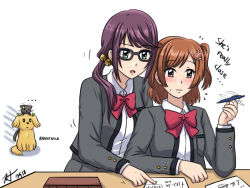 Rule 34 | ..., 2girls, aijou karen, animal, animal on head, athyra, bell, black-framed eyewear, blazer, bow, bowtie, brown eyes, brown hair, cat, character request, closed mouth, collared shirt, commentary, confused, crown hair ornament, dated, desk, dog, english commentary, english text, flying sweatdrops, glasses, green eyes, grey jacket, grey skirt, hair bell, hair ornament, holding, holding pen, hoshimi junna, index finger raised, jacket, jingle bell, long hair, long sleeves, looking at object, math, medium hair, motion lines, multiple girls, on head, one side up, open clothes, open jacket, open mouth, pen, pen spinning, pink bow, pink bowtie, pleated skirt, pocket, pointing, purple hair, seishou music academy uniform, shirt, short hair, shoujo kageki revue starlight, side ponytail, sidelocks, signature, simple background, skirt, studying, sweat, table, upper body, wavy mouth, white background, white shirt