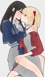 Rule 34 | 2girls, arm around neck, bare legs, black hair, blonde hair, blue dress, blush, commentary, dress, french kiss, grey background, hair ribbon, hand on another&#039;s shoulder, hand on another&#039;s thigh, highres, inoue takina, kiss, long hair, long sleeves, lycoris recoil, lycoris uniform, medium hair, multiple girls, nishikigi chisato, one side up, open clothes, open dress, pleated skirt, purple eyes, red eyes, red ribbon, ribbon, shiratama draw, simple background, sitting, sitting on lap, sitting on person, skirt, tearing up, tears, tongue, yuri