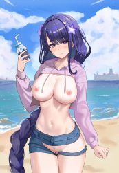 Rule 34 | 1girl, absurdres, alternate costume, arm at side, bikini, blue sky, blush, braid, breasts, breasts out, clothing cutout, cloud, cloudy sky, contemporary, day, drink, flower, functionally nude, genshin impact, hair flower, hair ornament, highres, holding, holding drink, hood, hoodie, judynoboken, large breasts, legs together, long hair, long sleeves, low-braided long hair, low-tied long hair, mole, mole under eye, navel, nipples, no bra, ocean, outdoors, purple bikini, purple eyes, purple hair, raiden shogun, sand, ship, short shorts, shorts, single braid, sky, smile, solo, standing, stomach, swimsuit, thigh cutout, thighs, very long hair, watercraft, wet